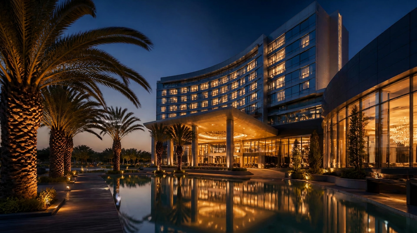 Ethiopian Skylight Hotel in Addis Ababa glowing at dusk, reflected in a calm water feature