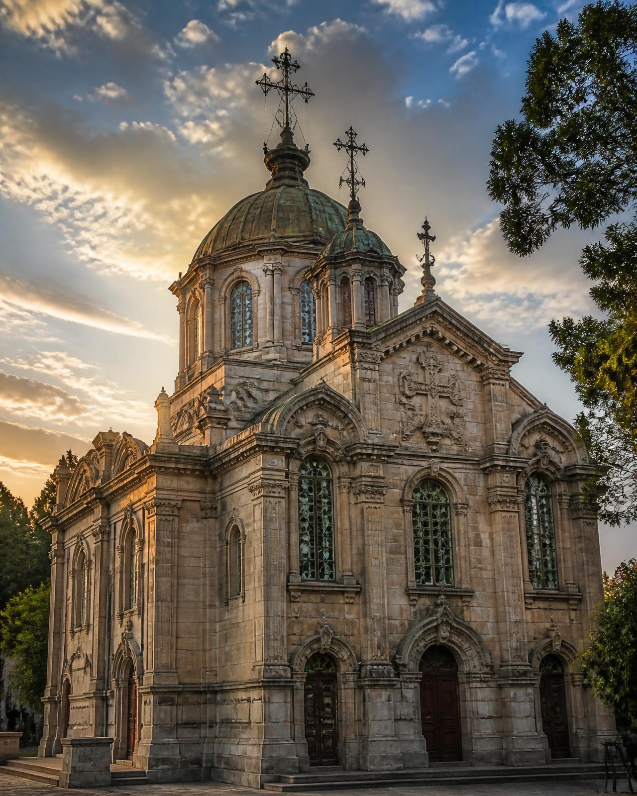 Ornate Ethiopian orthodox church facade in Addis Ababa at sunset
