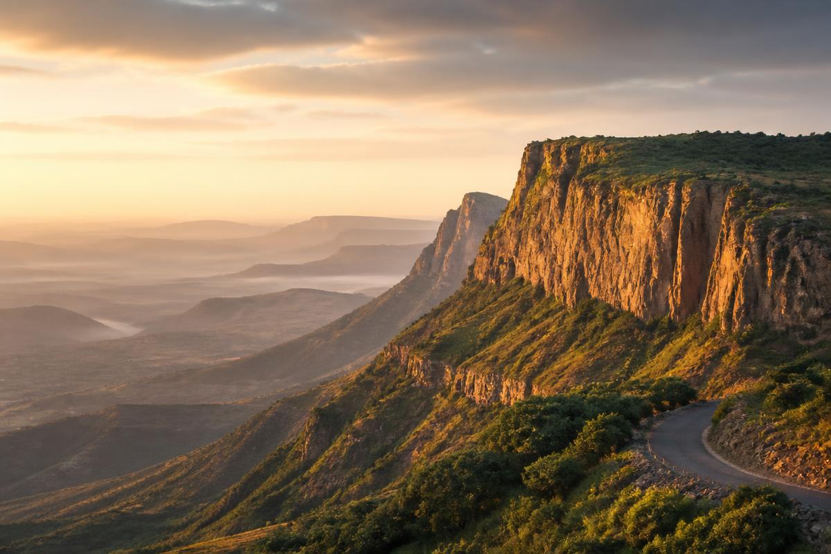 Ethiopian highland escarpment glowing at golden hour with mist filling the valleys below